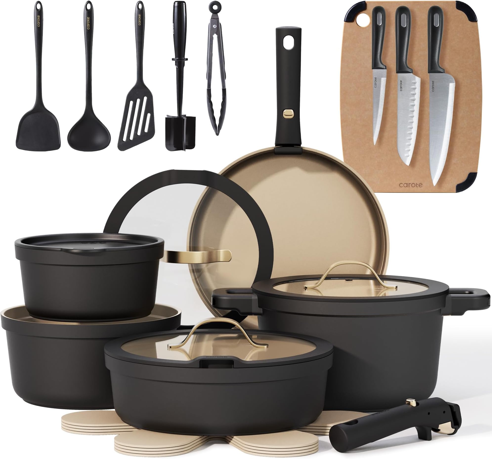 CAROTE 26pcs Pots and Pans Set Non Stick with Knives and Cutting Board,Detachable Handle Titanium Nonstick Cookware Set, Pot and Pan, Dishwasher/Oven Safe, RV/Camping, Induction Kitchen, Black/Yellow