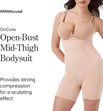 SPANX SPANXsculpt OnCore Open-Bust Mid-Thigh Bodysuit - Powerful Compression Body Shaper - Comfy Shapewear
