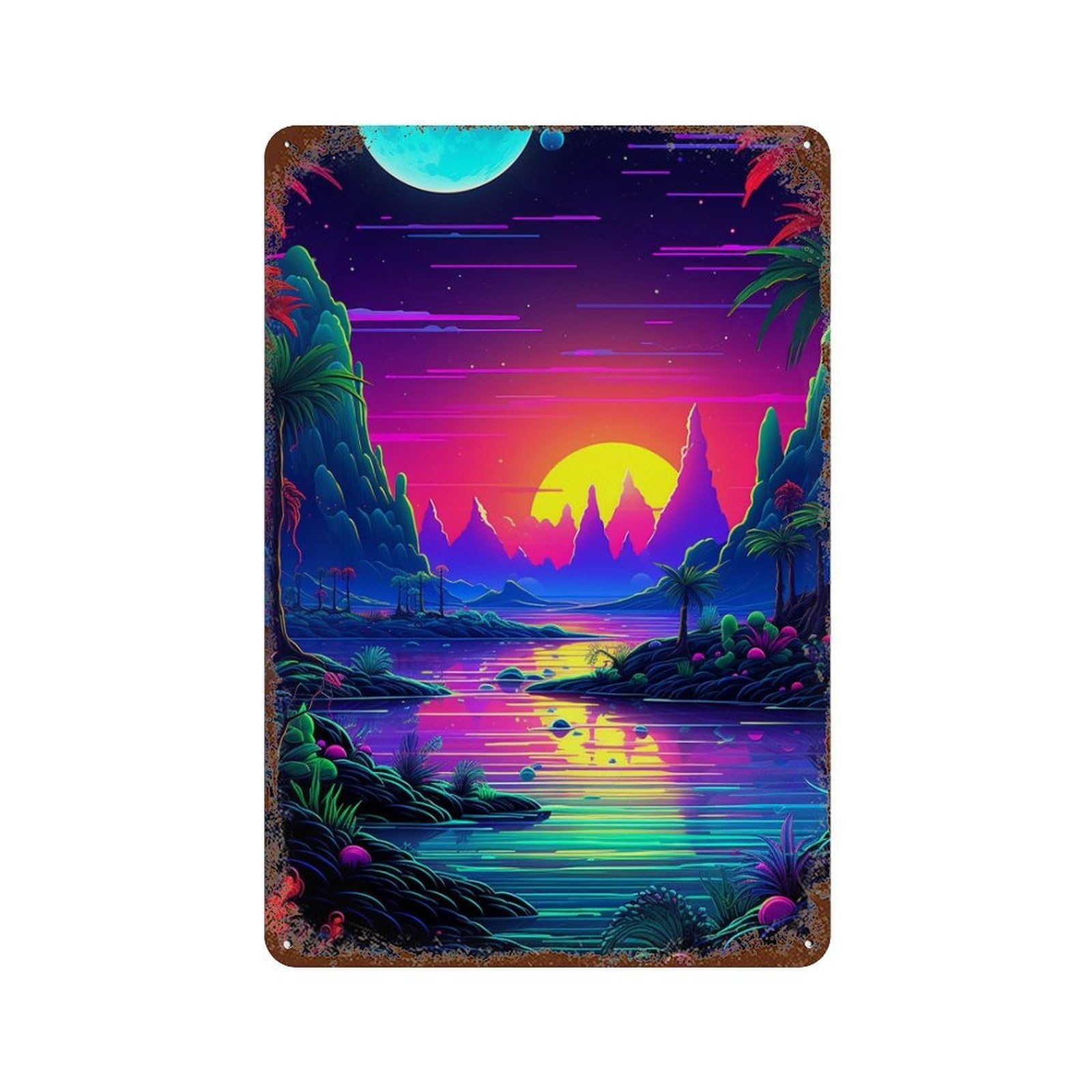 Neon Tropical Sunset Landscape Rust Effect Tin Sign 11.8"x7.9", Rustic Home Decor for Cafe, Home Bar And Lounge Decor