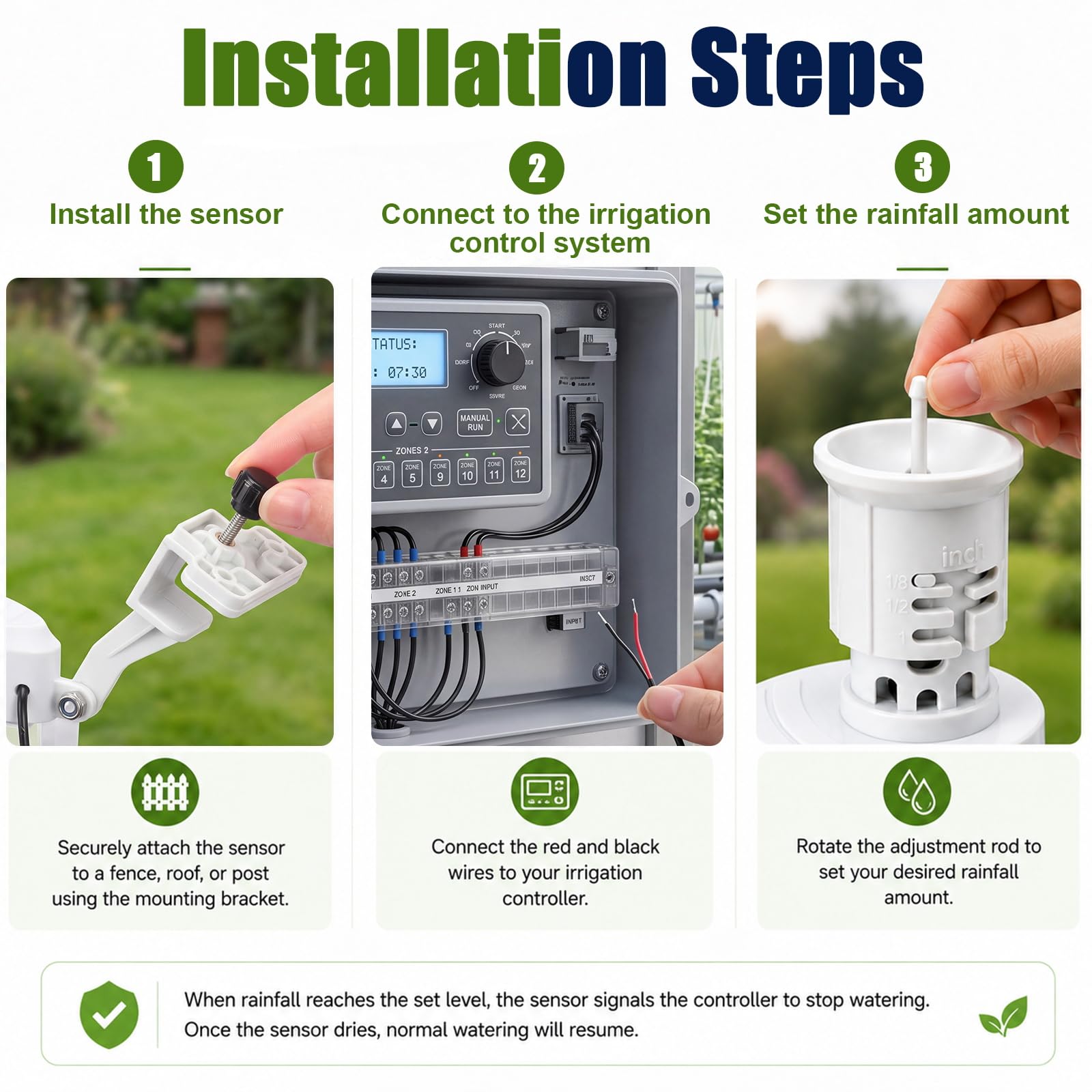 Sensore di pioggia cablato per sistema di irrigazione Cavo di collegamento da 7,6 m Soglia di pioggia regolabile 5-20 mm Design resistente alle intemperie Spegnimento automatico