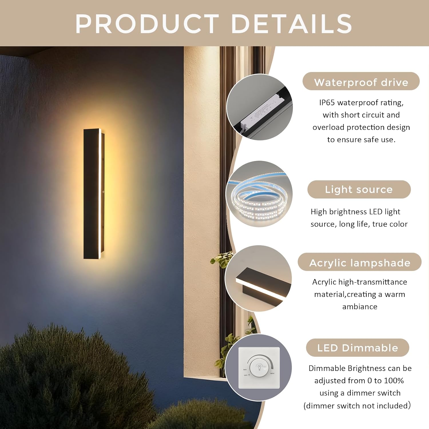 Modern Outdoor Wall Light 23.6 inch LED 3000K Long Outdoor Wall Light IP65 Waterproof Long Black Wall Sconce Outside Linear Wall Lights for Porch Garage Courtyard Patio Pool