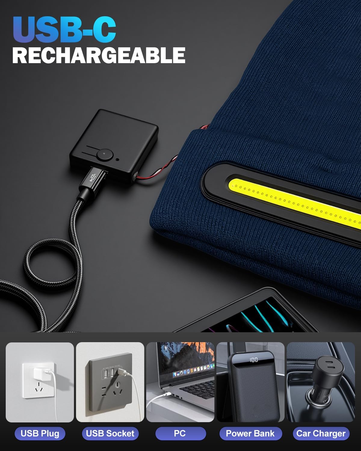Unisex Beanie with LED Light, Winter Gifts for Men Dad Father Husband Him USB Rechargeable Caps Navy Blue image 5
