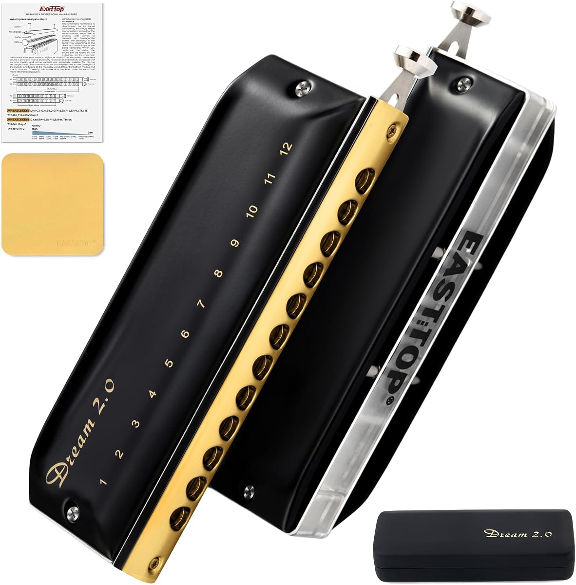 Chromatic Harmonica Key of C,12 Holes 48 Tones Professional Mouth Organ Dream Chromatic Harmonica for Adults, Professionals and Students,BLACK