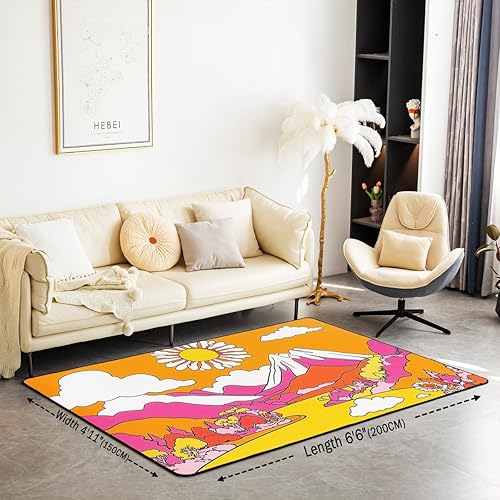 Miniatura 2 de jejeloiu Orange Groovy Flower Area Rug 5x7 Polyester Retro Floral Boho Living Room Rugs for Bedroom 70S Hippie Flowers Bohemian Decor Carpet Indoor