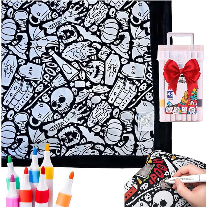 FIENZA DIY Färbung Decke Maldecke 150 * 125cm Coloring Blanket Mit 24-Farben Pinsel Gemütliche Heimdekoration Ideal für Urlaubs Kunsthandwerks Aktivitätspartys