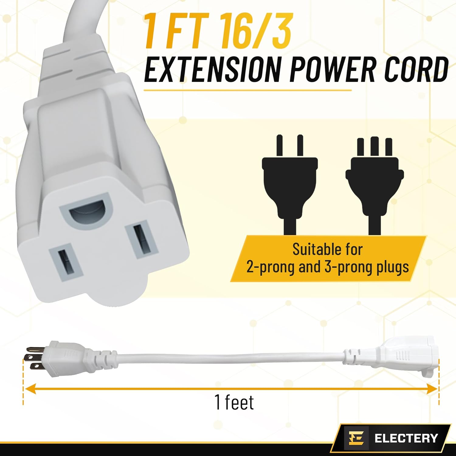 Short Extension Cord White 16/3 SJTW 3 Prong Extension Cord - 1 Ft 3 Pack Small Extension Cord, ETL Listed for Indoor and Outdoor Use