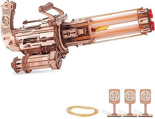 ROKR Gun 3D Puzzles for Adults, Wooden 3D Puzzle Rubber Bands Gun Toy, Rotating-Barrel Machine Gun, Wood Model Craft Kits, Cool Hobbies Birthday Gifts for Men Teen 14+