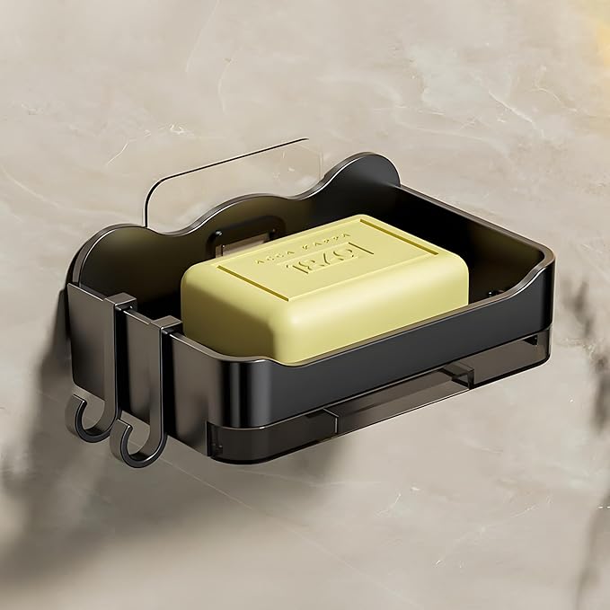 MIORAH Soap Holder for Bathroom | Self Adhesive, No-Drill Holder with Drip Tray | 2 Hooks for Extra Storage