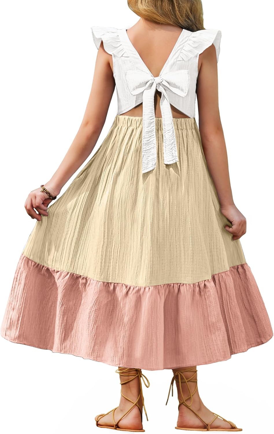 Arshiner Girls Summer Tie Back Dress Tween Boho Casual Square Neck Flutter Sleeve Maxi Dresses with Pockets