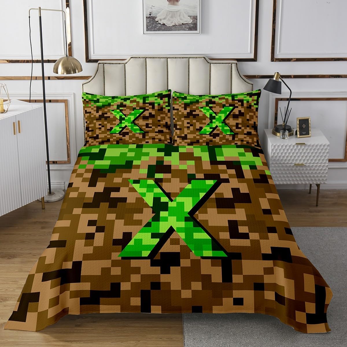 Castle Fairy Pixelated Letter X Bedspread Twin Size,Miner Style Games Bedding Sets 2Pcs for Kids Girls Boys Room Decor,Brown Green Block Comforter Set Modern Alphabet Quilt Coverlet,1 Pillowcase