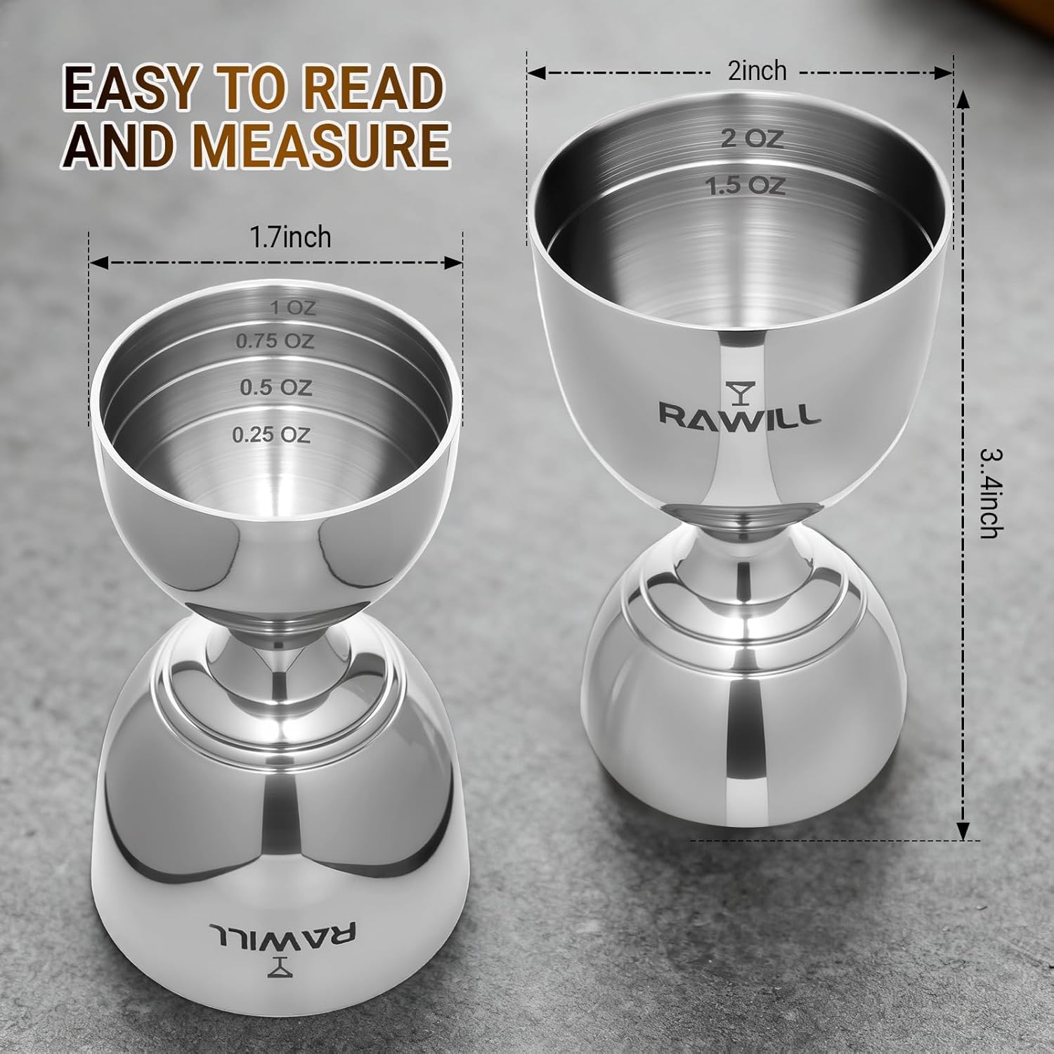 Jigger For Bartending, 2 PCS Double Shot Measuring Cup Premium 304 Stainless Steel, Jigger 2 oz 1 oz with Measurements Inside, Drink Measurer for Cocktails, Bar Measuring Set - Image 2