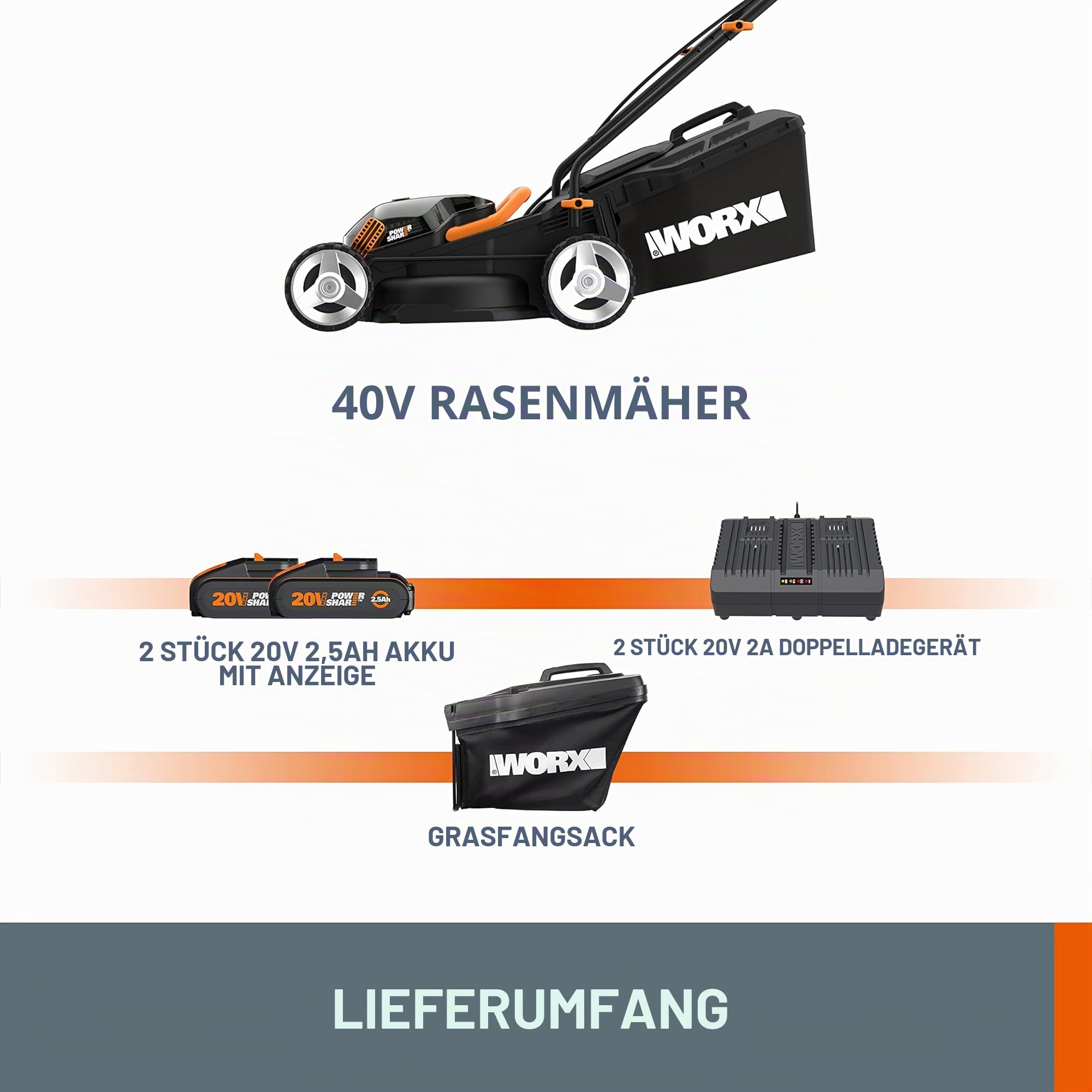 WORX WG779E Akku-Rasenmäher 40V (2 x 20V) - 34 cm Schnittbreite - ideal für Gärten bis zu 280m² - IntelliCut Technologie - einfache Aufbewahrung - inkl. 2x2,5Ah Akkus & Dual-Schnellladegerät