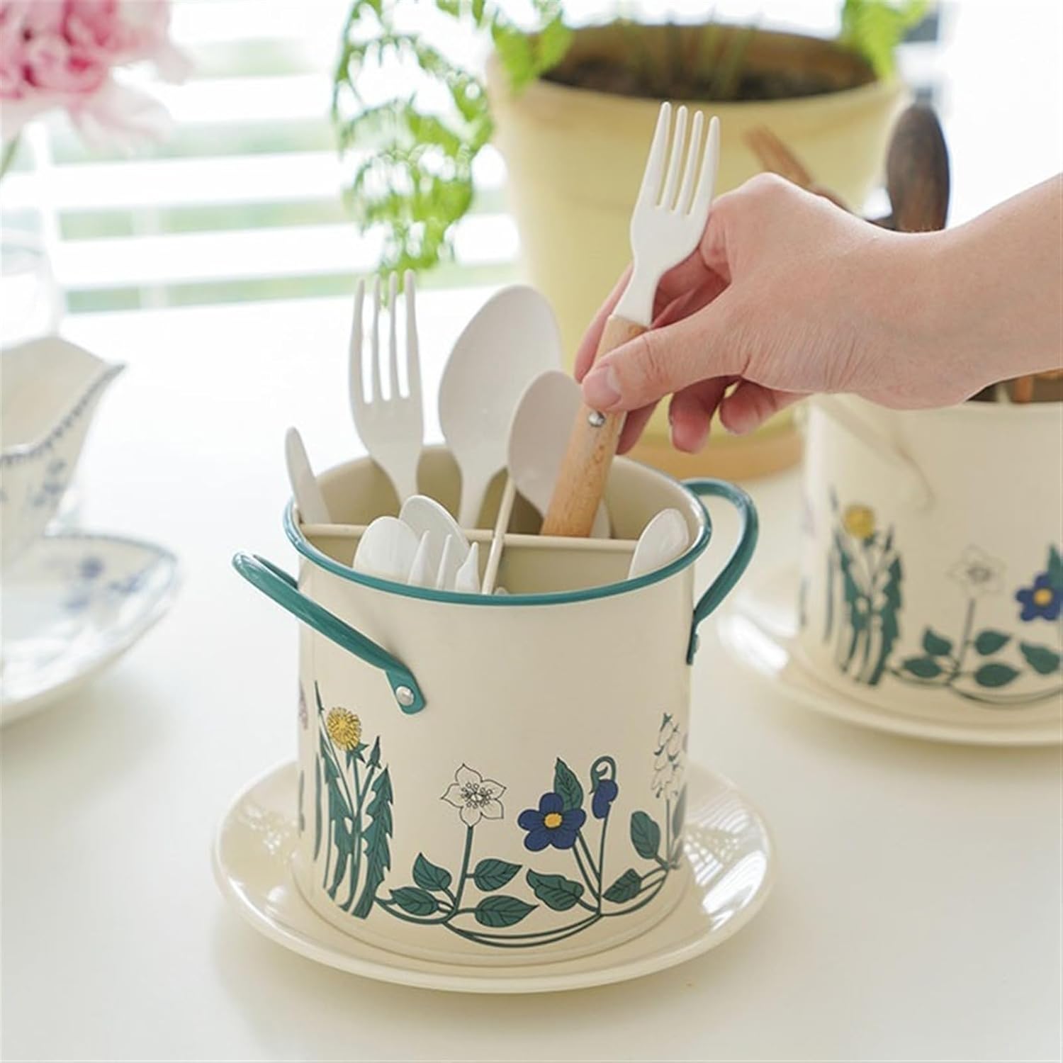 台所用品ホルダー ヴィンテージ 手描き 植物 キッチン用品ホルダー 大きな金属製キャディ カウンタートップ用 台所用品 クロックオー