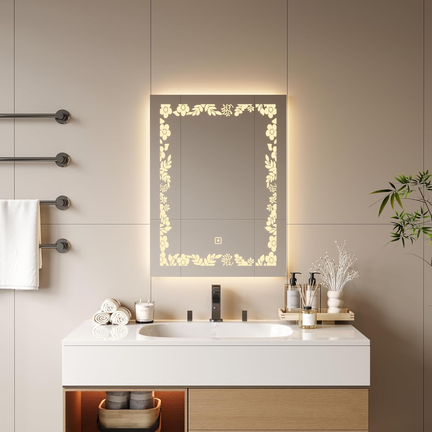 LED Lighted Bathroom Mirror with UL Certified Dimmable Backlight, Wall Mounted Vanity Mirror with Touch Control (32"x24", Flower)