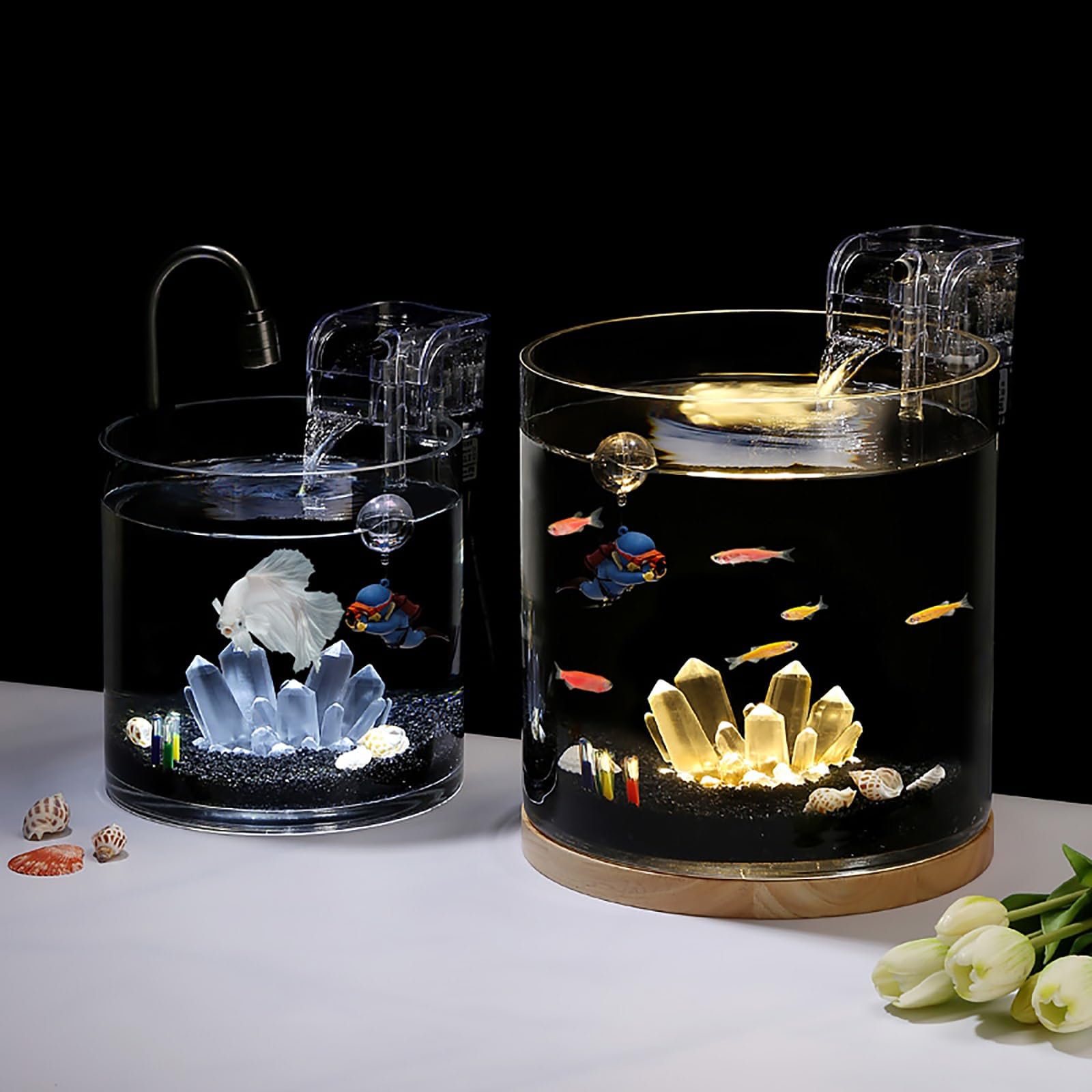 Kit di Avviamento per Acquario Betta – Aquario Pesci Rossi con Base in Legno, Luce LED, Pompa Dell'acqua – Acquarios per Tartarughe Rossi per Principianti(20 * 30cm/7.8 * 11.8in)