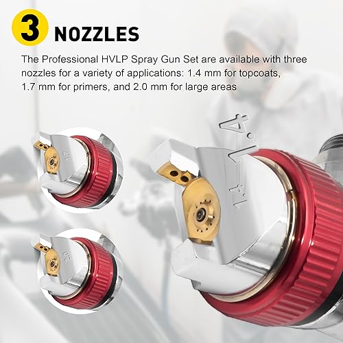 Miniatura 4 de HVLP Pistola de pulverización de alimentación por gravedad, kit de pistola de pintura de aire automotriz con boquillas de 1.4, 1.7, 0.079 in, 10