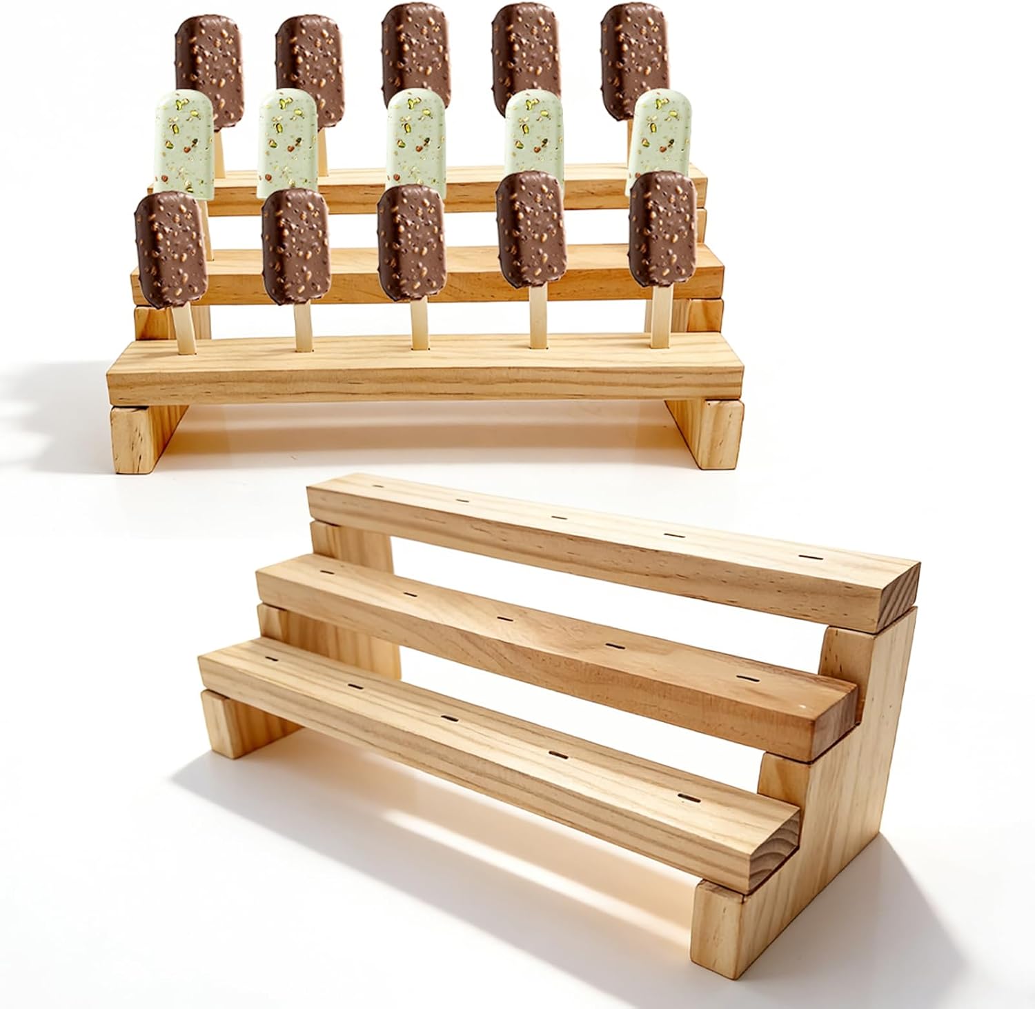 2 Pcs Wood Cakesicle Stand - 3 Tier 15 Holes Cakesicle Display - Rectangle Wood Lollipop Stick Rack for Wedding, Birthday, Baby Shower, Dessert Table
