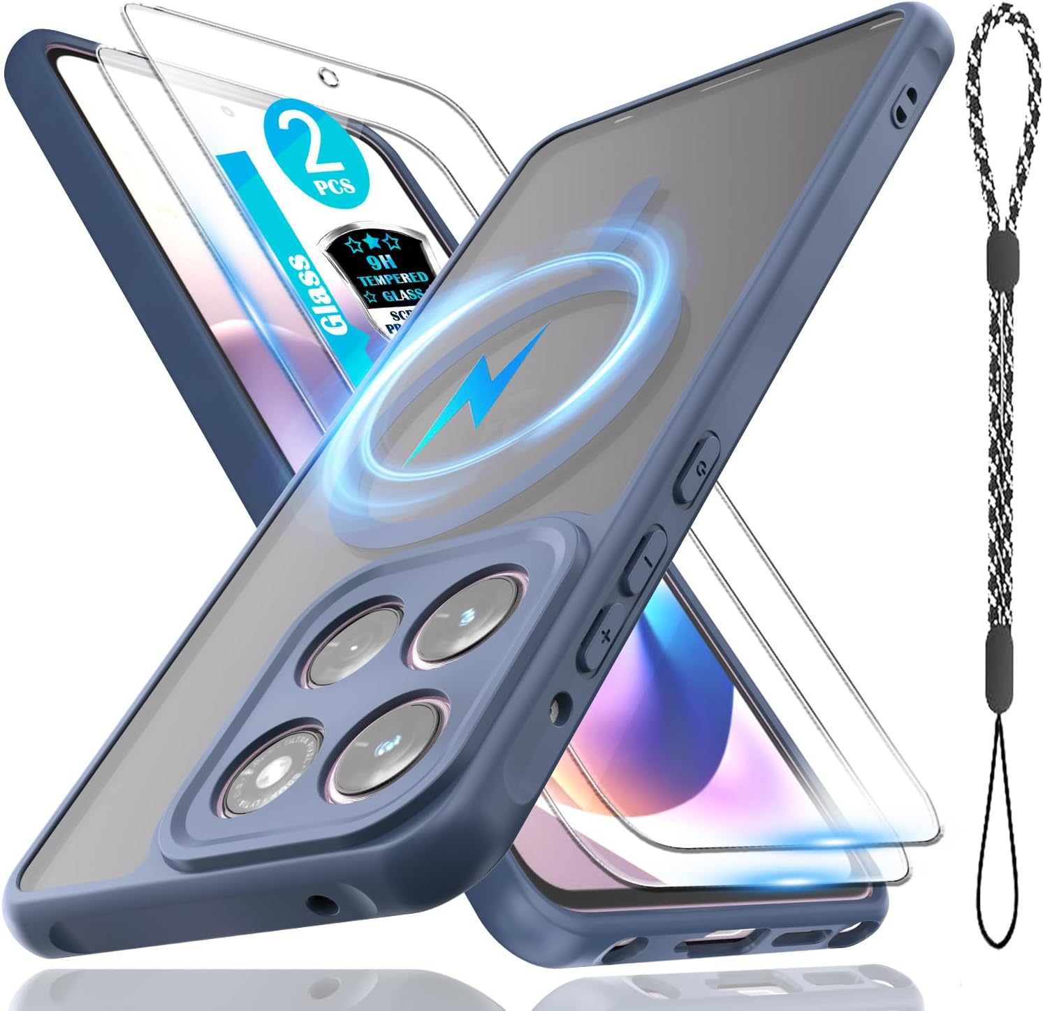 for Moto G Stylus 2026/2025 Case with Magsafe Magnetic Slim Shockproof Protective Case,Translucent Matte Back with Lanyard Strap and 2 * 9H Tempered Glass Screen Protector Phone Cover 6.7-inch-Black