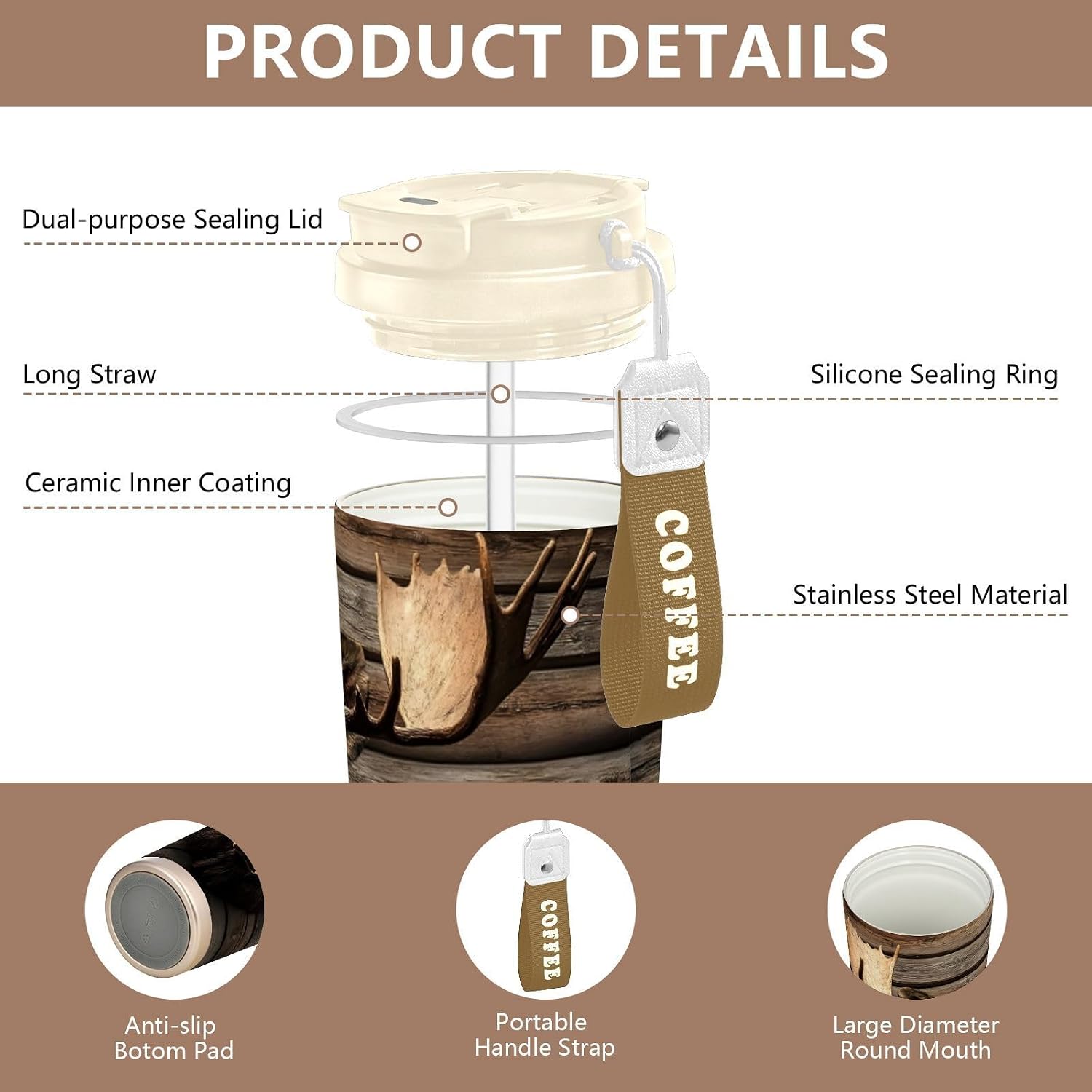 Insulated Coffee Mug Moose Wood Head Art with Straw & Flip Lid, 16.9oz Iced Tumbler Cup, Double Wall Vacuum Mug for Travel Office Camping
