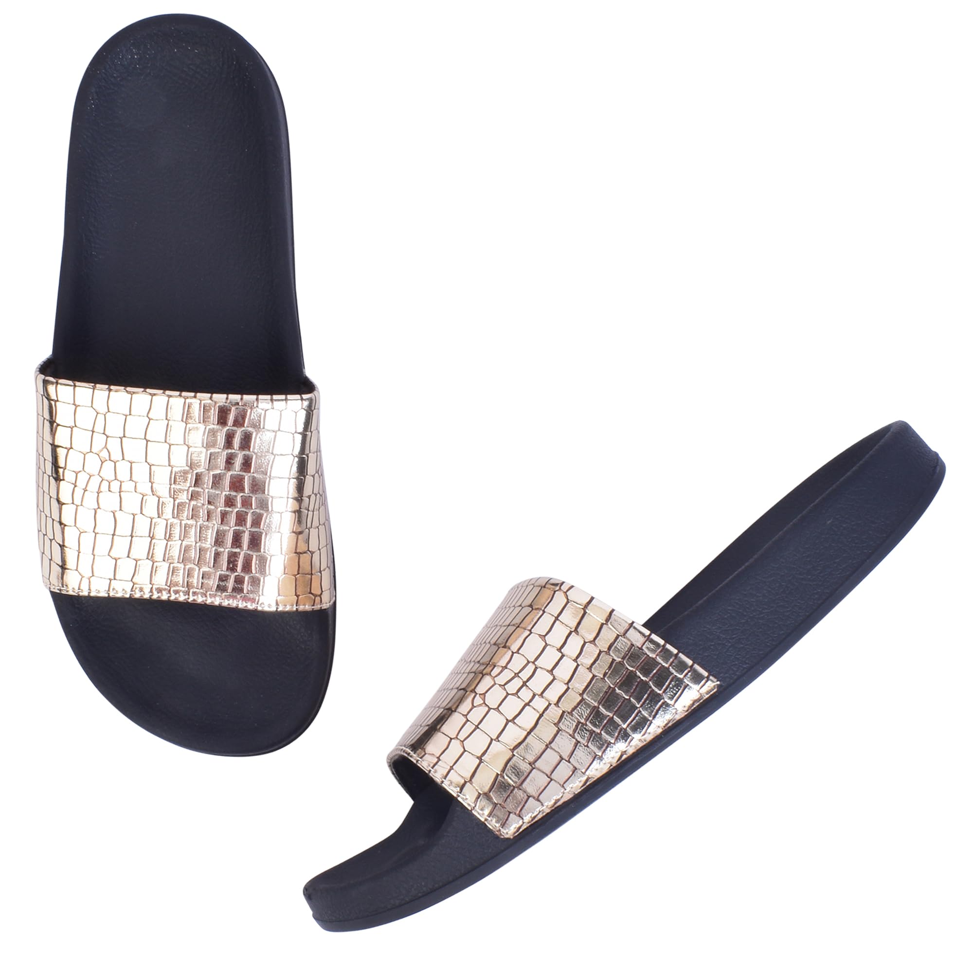 xe looks Women's Casual Flip-Flops | Stylish Metallic Finish Upper with Croc Texture | Soft Footbed for Comfort | Lightweight Slip-On Flip-Flops For Girls & Women-picture-44