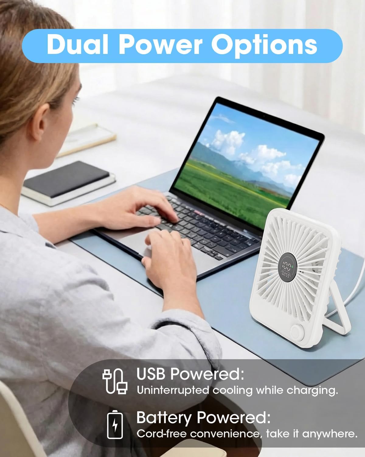 Ouddy Mode 2 Pack Small Desk Fan, Rechargeable Quiet Portable Travel Fan with 100 Wind Speeds Digital Display White Personal Fans for Office Bedroom Home Outdoor