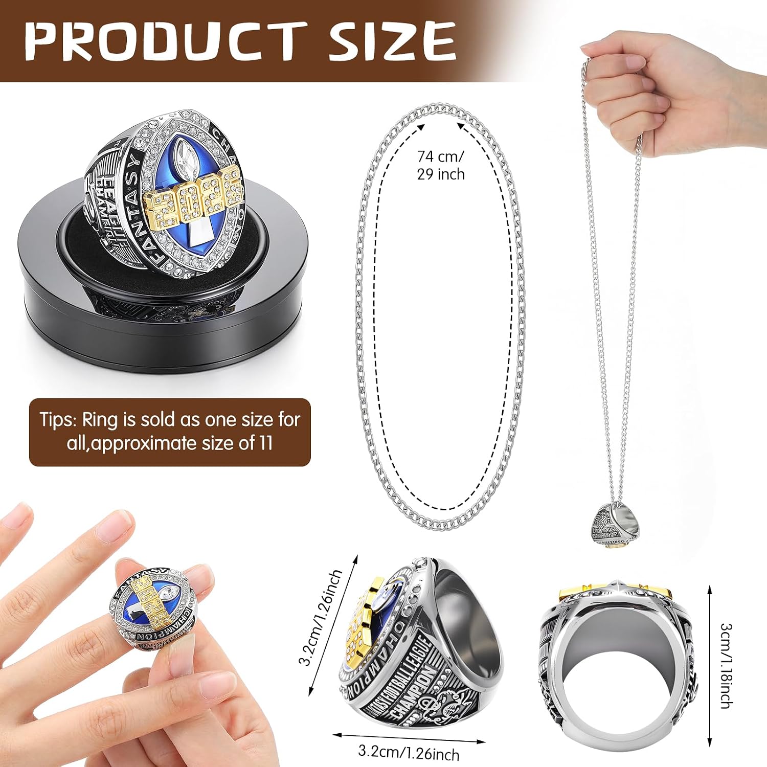 Liliaafar 2026 Fantasy Football Championship Ring Football League Trophy Ring with Neck Chain and Display Stand Box Gold Silver Tone Plated Sports Champion Award for Winner Team Gift Decor