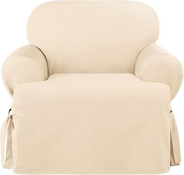 SureFit Heavyweight Cotton Duck Armchair T-Cushion Slipcover - One Piece Slipcover, Relaxed Woven Fit, 100% Cotton, Machine Washable, Natural