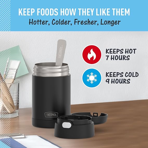 THERMOS FUNTAINER Insulated Food Jar, 16 Ounce, Kid Friendly Thermos Food Jar with Foldable Spoon, Matte Charcoal