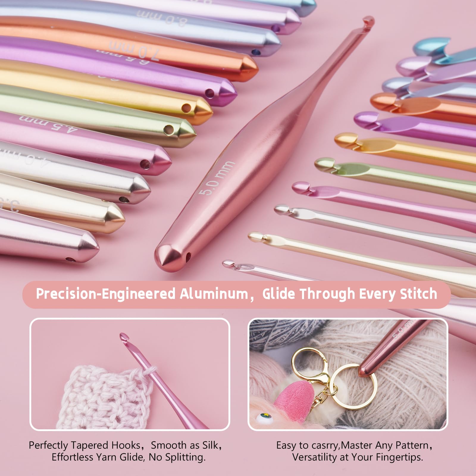 Mdoker Aluminium-Häkelnadel-Set mit Etui, ergonomischer Griff, rutschfeste Haken für arthritische Hände, perfektes Häkelgeschenk für Frauen, 3 mm - 10 mm