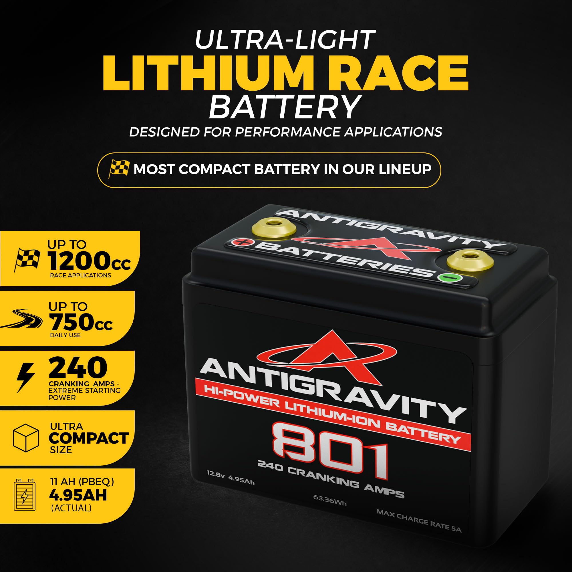 Antigravity Batteries AG-801 Small Case Lithium Starter Battery Lightweight High-Cranking Battery for Performance Motorcycles & Powersports No BMS product thumbnail 4