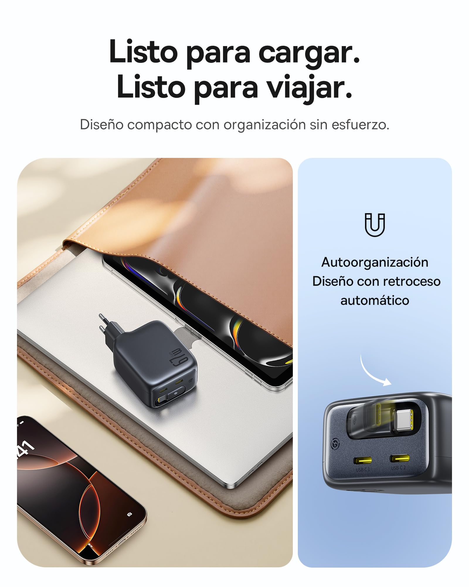 Baseus Enercore Cargador USB C de 67W con Cable Retráctil, Charger GAN con 2 Puertos USB-C, Cargador Rápido Compacto Compatible con MacBook Pro, DELL, HP, iPad, iPhone 16/15/14/13/12Pro, Galaxy S25