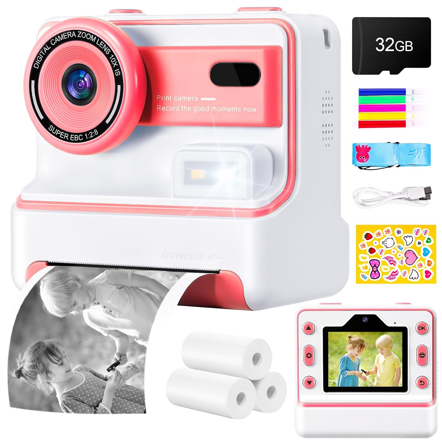 LOVEWE Kids Camera Instant Print, 1080P Digital Camera for Kids with Print Paper & 32G Card, 1200mAh High Endurance, 2.4in Screen Kids Digital Camera with Color Pens for Girls Boys 3-12 Years Old
