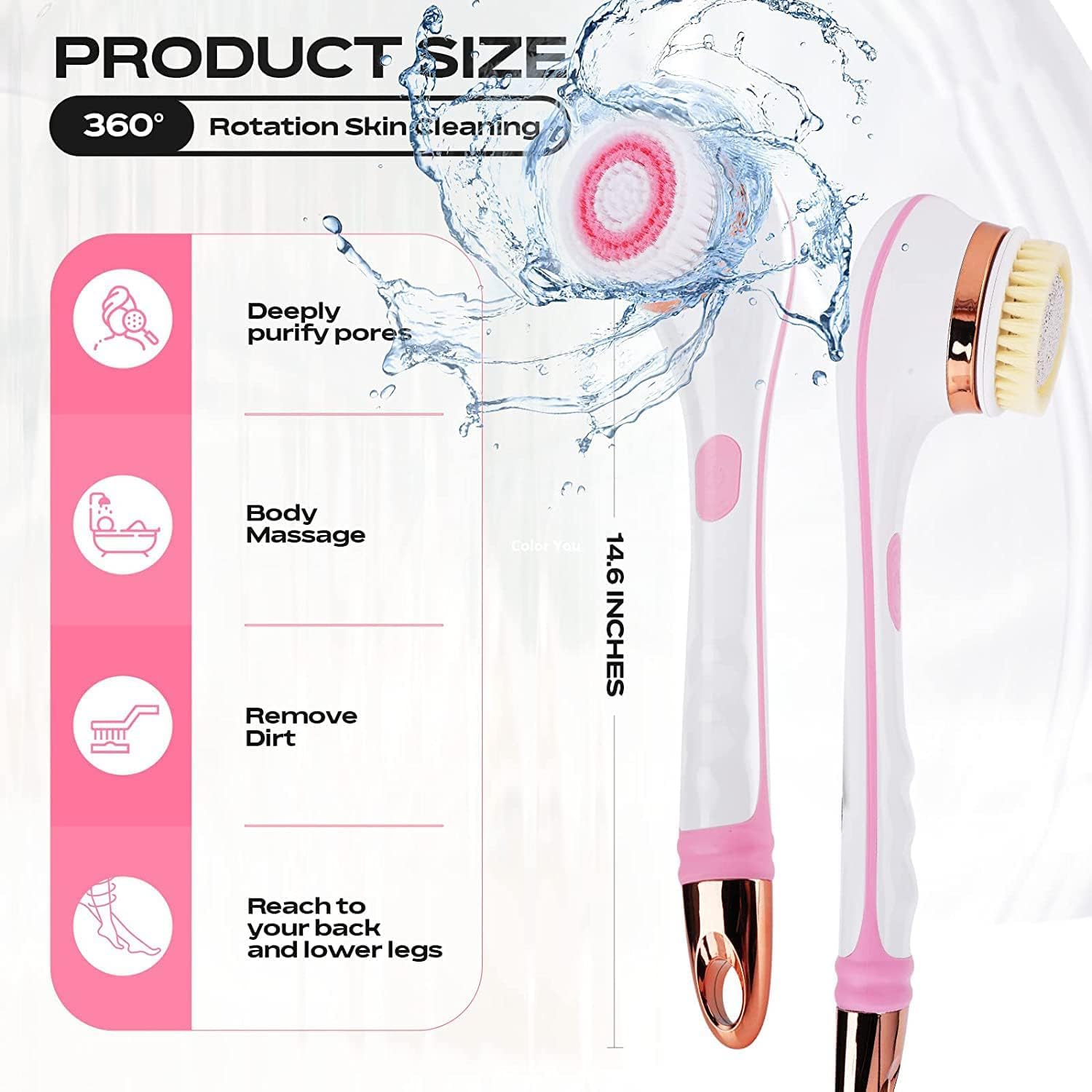 Rechargeable Electric Body Brush with Long Handle and Multiple Brush Heads, Pink