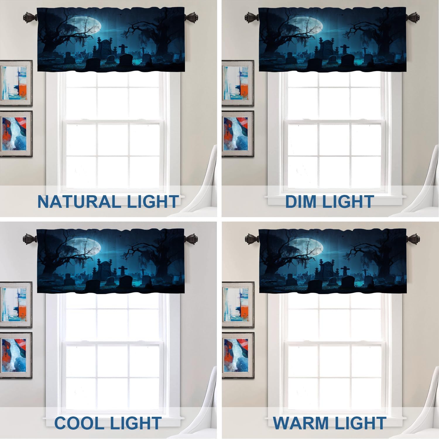 Batmerry Happy Halloween Funny Valance Curtains, Moon Grave Tree Night Window Treatment Kitchen Valances Multilayer Polyester Blackout for Living Room/Bathroom, 2 Pack 52x18 inches