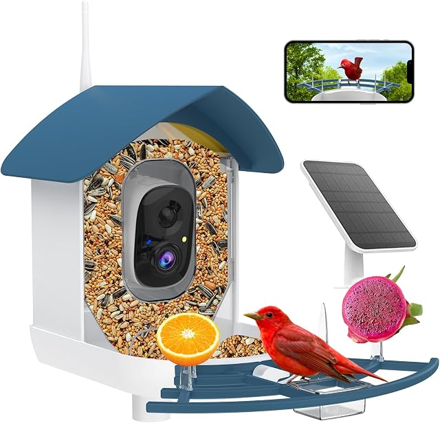 Animateur d'oiseaux avec caméra,AI Identifier les espèces d'oiseaux,Smart Bird Camera avec énergie solaire,enregistrement automatique FHD Oiseaux Vidéo dans le jardin, Notifications instantanées, Cadeau idéal pour les amoureux de la famille et des oiseaux, Bleu marine