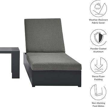 Modway Tahoe Aluminum Outdoor Patio Set of 2 Chaise Side Gray Charcoal, 3-Piece Set of Pool Lounge Chairs and Accent Table for Backyard Furniture