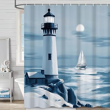 Nautical Coastal Shower Curtain Ocean Beach Lighthouse Bathroom Curtain Blue Teal Seasides Seascape Sailboat Moonlight Bathroom Decor Waterproof Fabric Bathtub Curtains Set with Hooks 36"Wx72"L