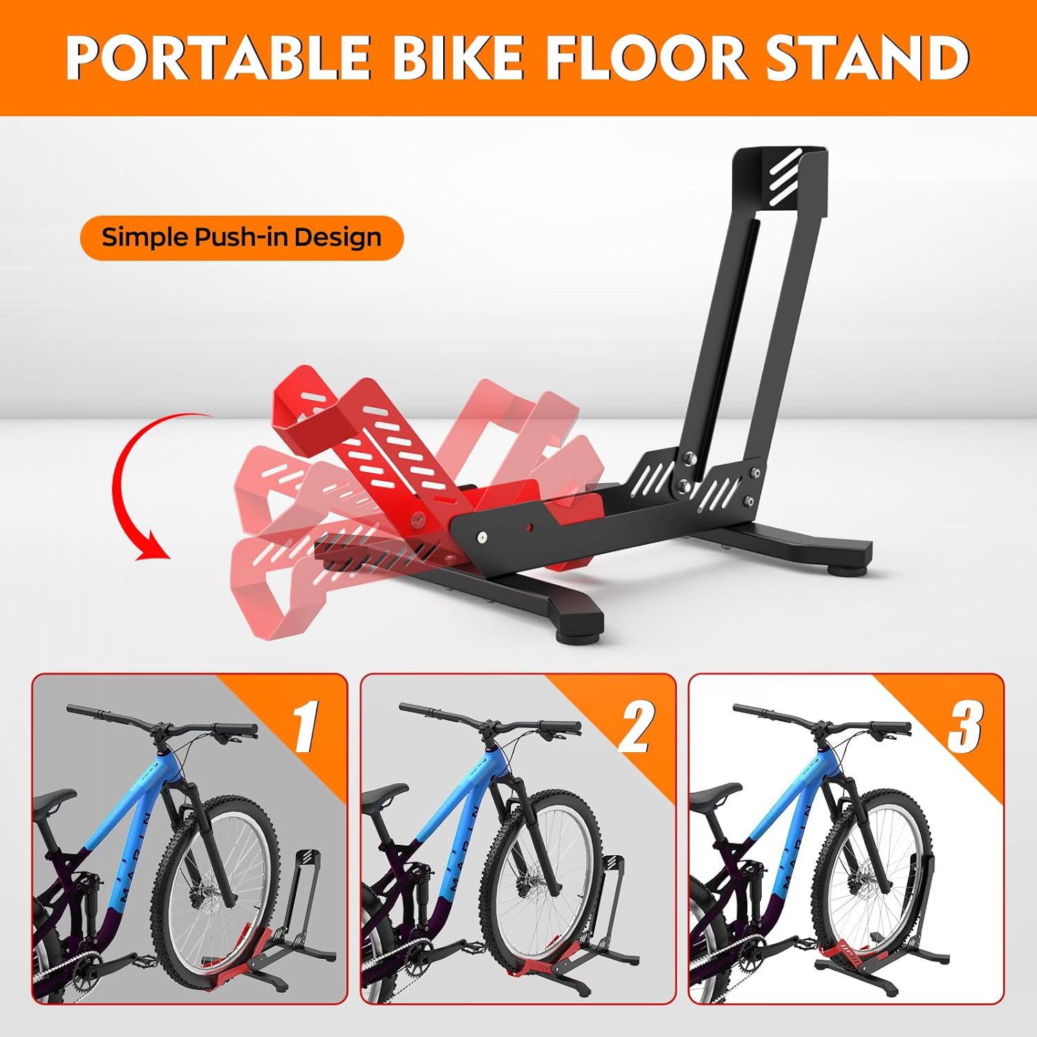 Bike Stand Floor, Portable Bike Storage for Garage - Fit for 24"-29" Bikes, Tire Width up to 3.5", Road & Mountain Bicycle Stand, Front and Rear Wheel Parking Rack - Red - Image 4