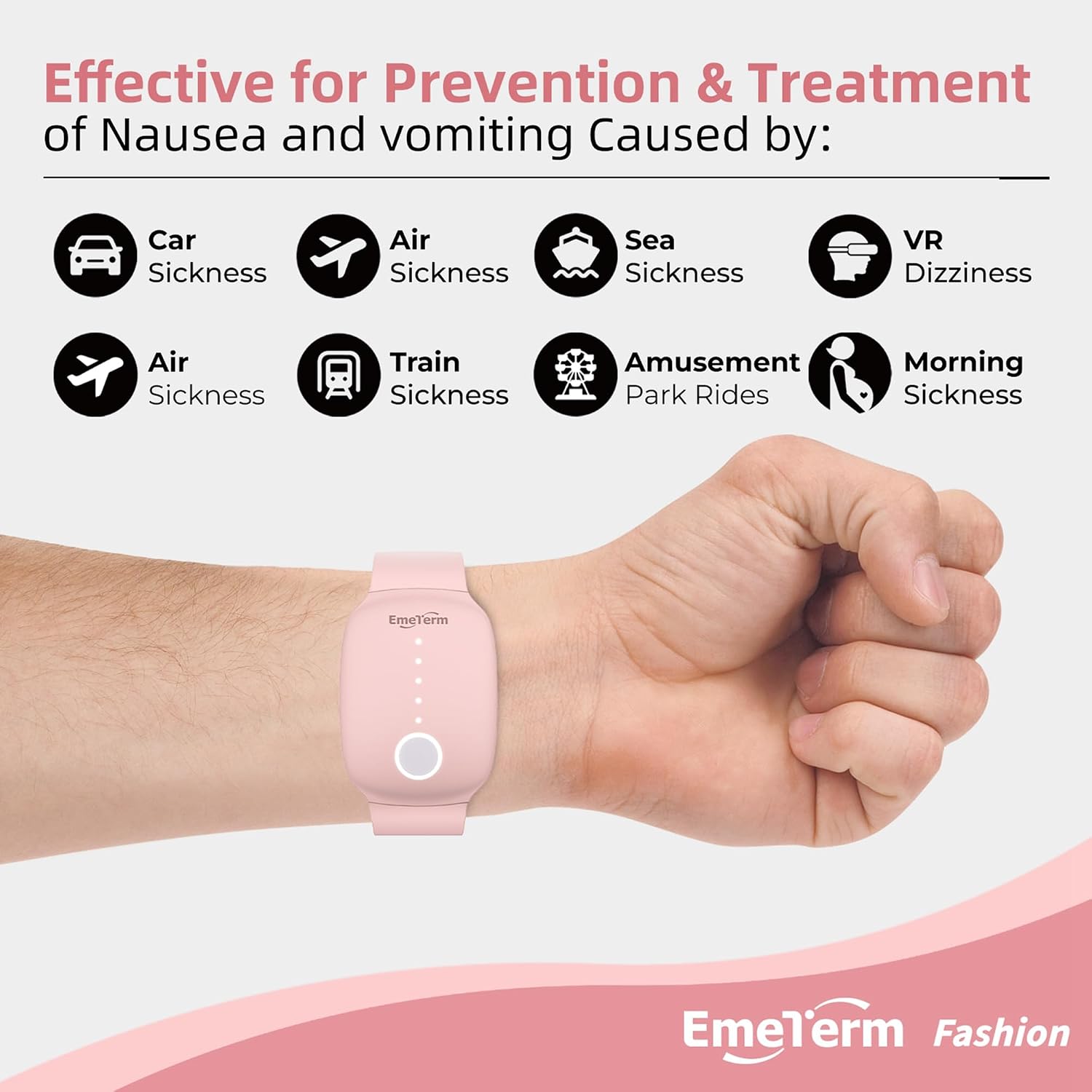 EmeTerm Fashion Pink Anti-Nausea Wristband Bundle with 2 Charging Cables and 2 Conductive Gels