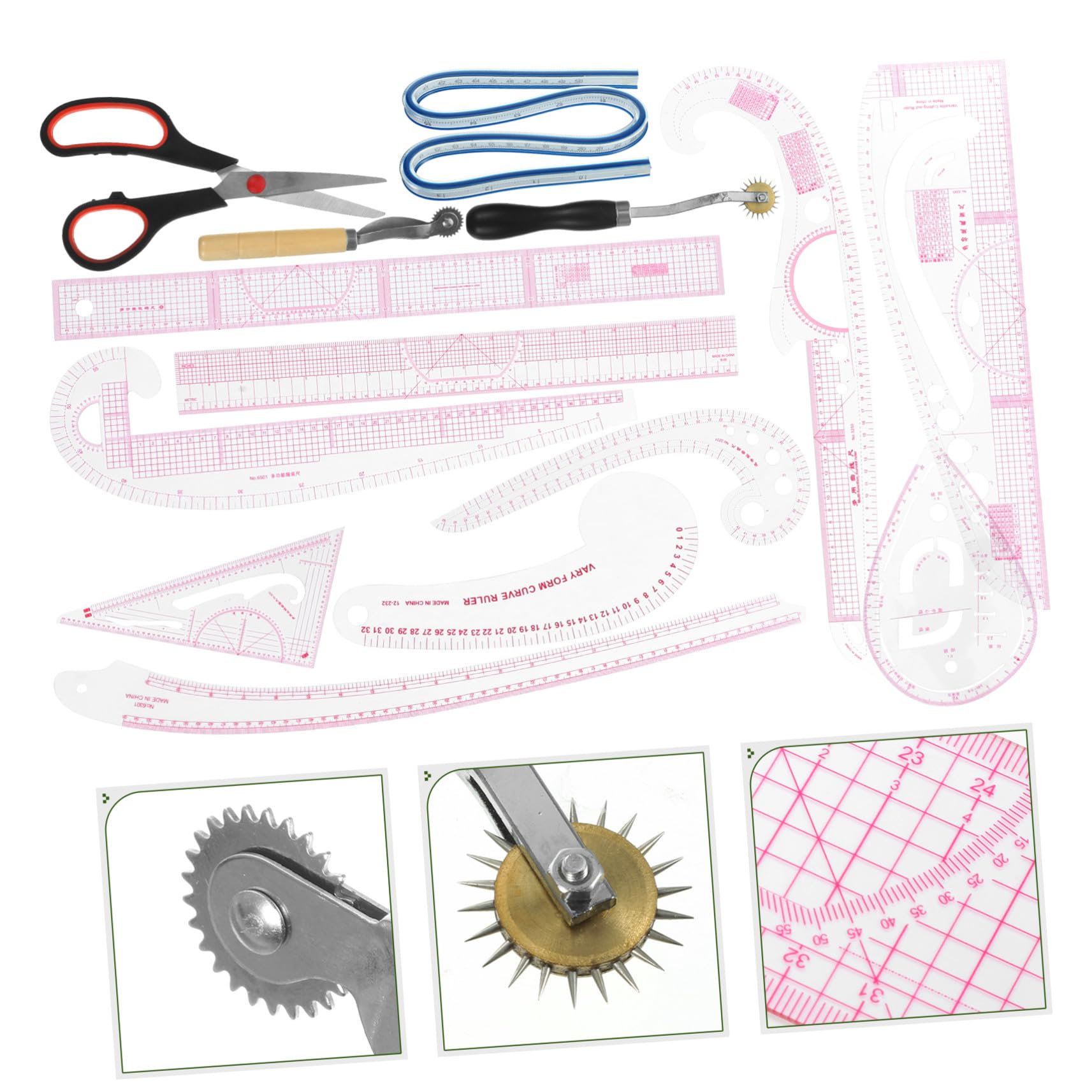 Gadpiparty 14 Stück Nählineal aus Pvc Holz und Edelstahl mit Hoher Messgenauigkeit Professionelles Schnittmuster Werkzeug für Anfänger und Designer zum Nähen und Zeichnen