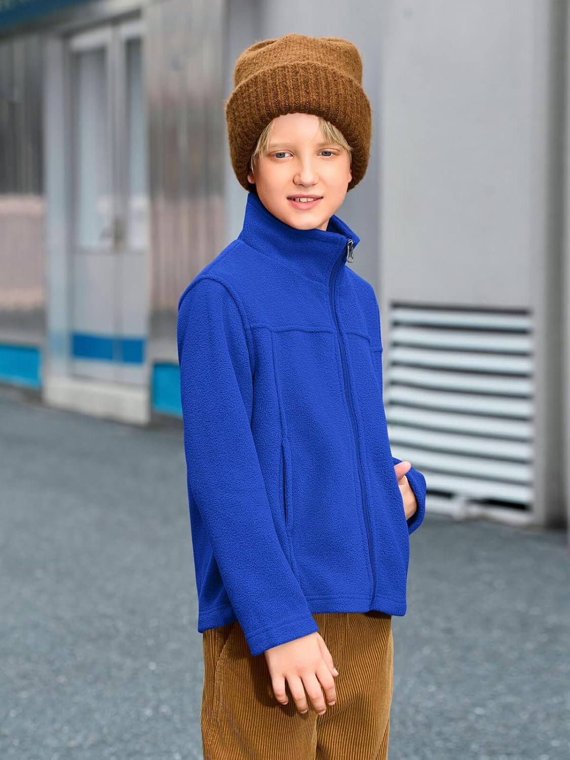 Haloumoning Boys Zip Up Fleece Jacket Kids Lightweight Outerwear Long Sleeve Mock Neck Coat with Pockets 5-14Y