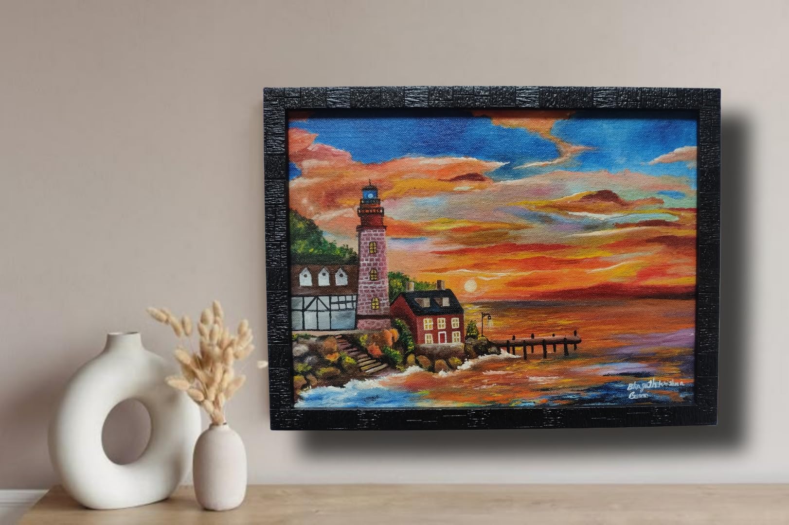 BHAGATH ART STUDIO Lighthouse Sunset Scenery original Canvas Painting, 20 x 25 cm, Black Frame-image-24