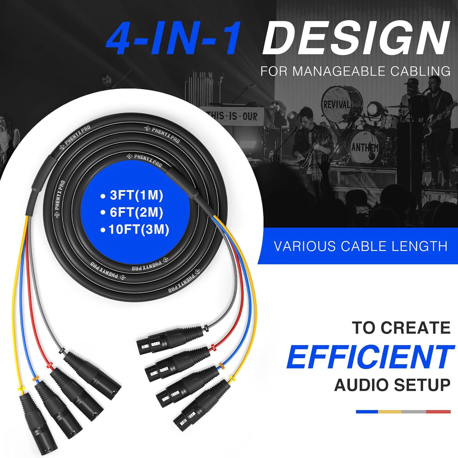 Phenyx Pro 6 Ft XLR Snake Cable, Color-Coded Patch Wire, 4-Channel Male to Female Cable w/OFC Copper, XLR Splitter Balanced Microphone Cord for Mixer, IEM, Mic System (PCBL-4IN1-6)