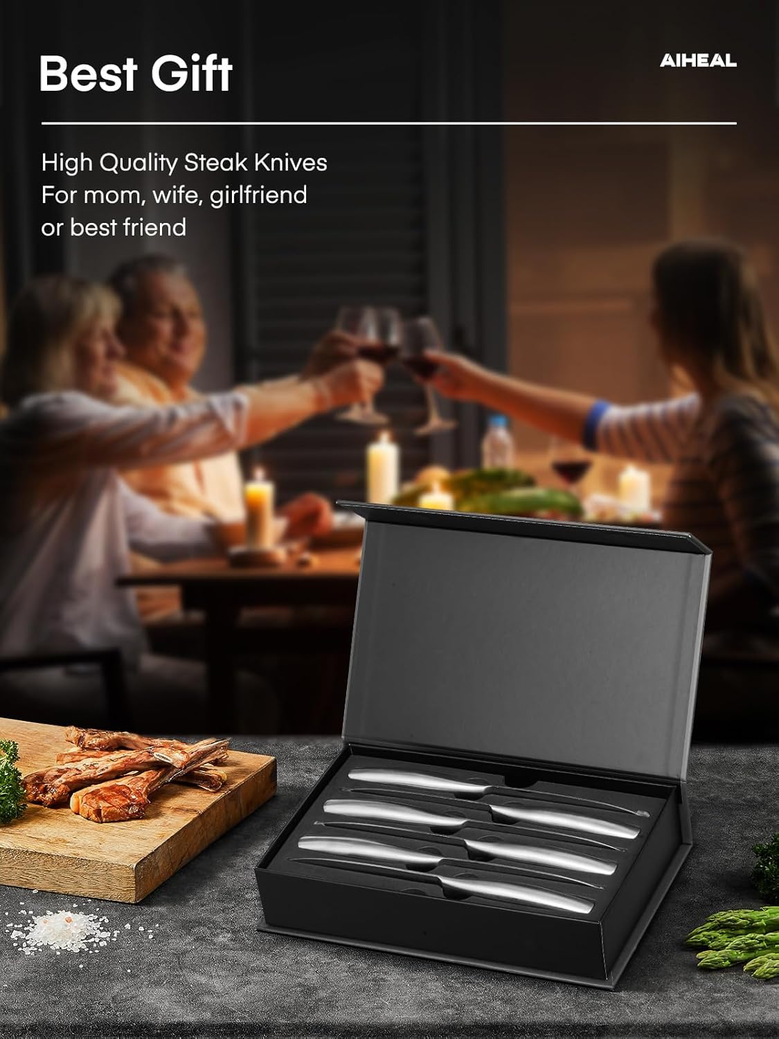 Aiheal Steak Knives, Stainless Steel Steak Knives Set of 12, Never Needs Sharpening Dinner Steak Knife Set, Sharp Micro Serrated Knives