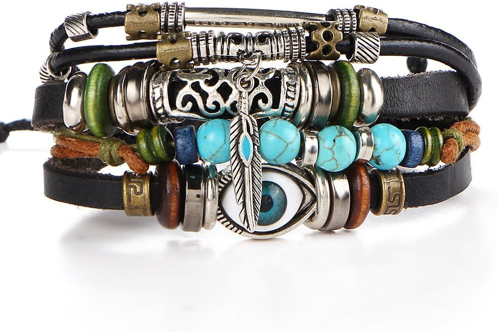 ODETOJOY Handmade Vintage Multi Strand Blue BeadS Charm Wrap Bracelet Adjustable Size Evil Eye Leather Bangle