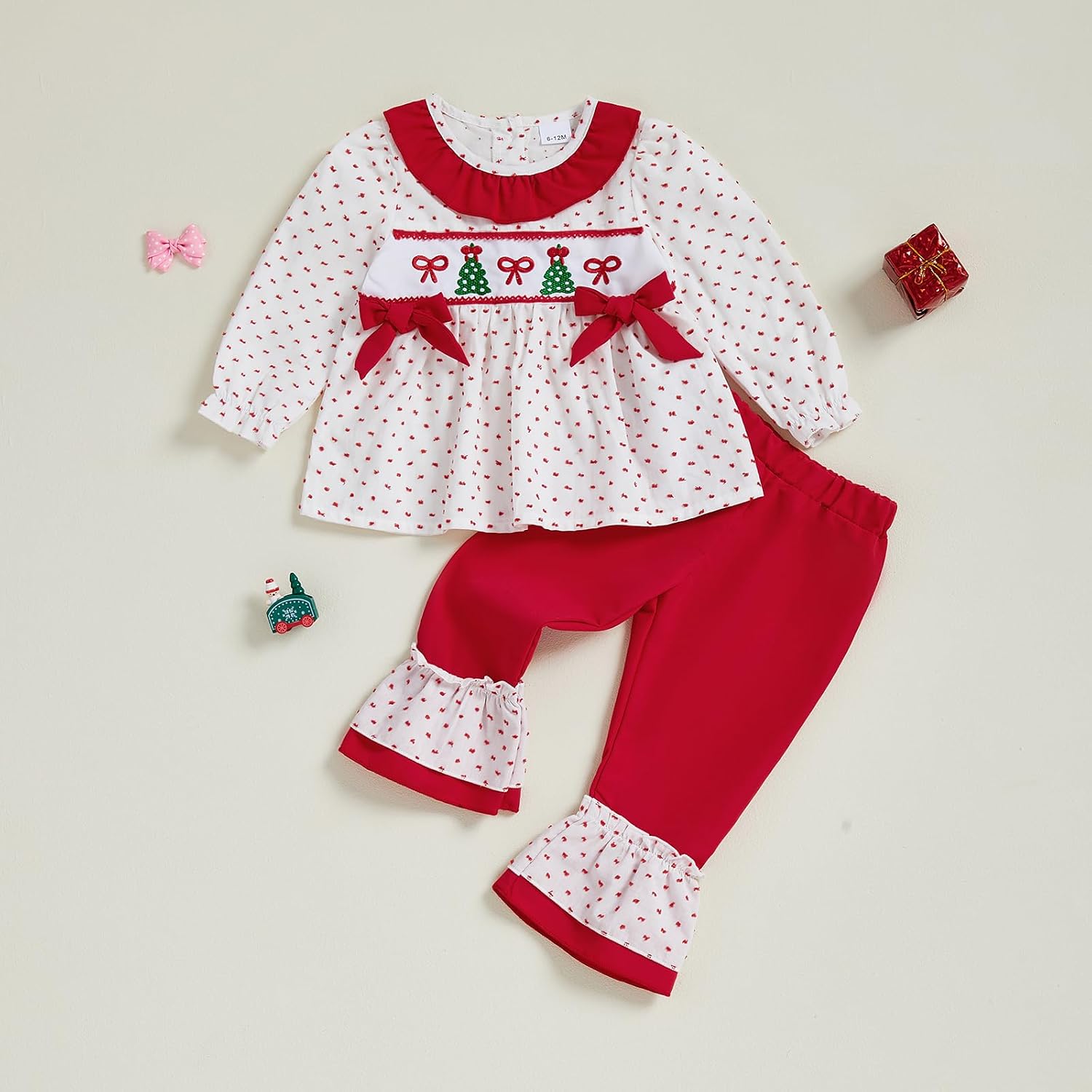 Infant Toddler Baby Girl Christmas Outfit Smocked Long Sleeve Ruffle Shirt Top and Pants Set Fall Winter Clothes