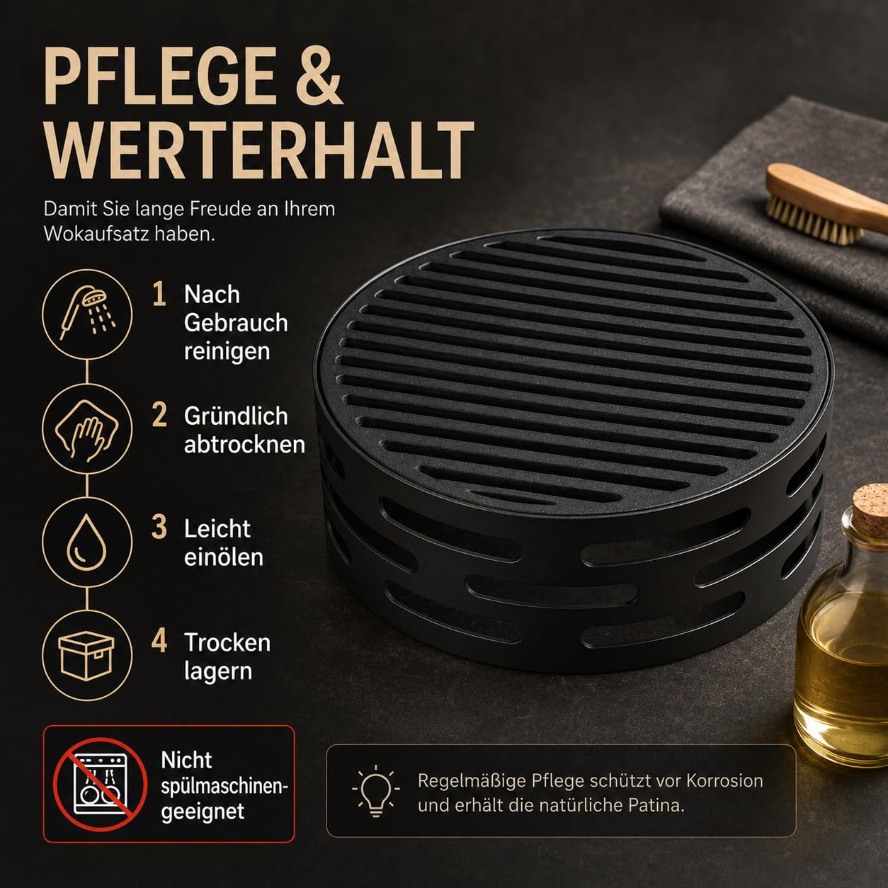 Oleio BBQ Wokaufsatz aus Stahl für Feuerplatte, 25 cm Loch, 30 cm Auflage | 10 cm hoch und 5 mm stark, schwarz hitzebeständig beschichtet; für Wok und Dutch Oven auf Grillring, Plancha oder Grillplatte