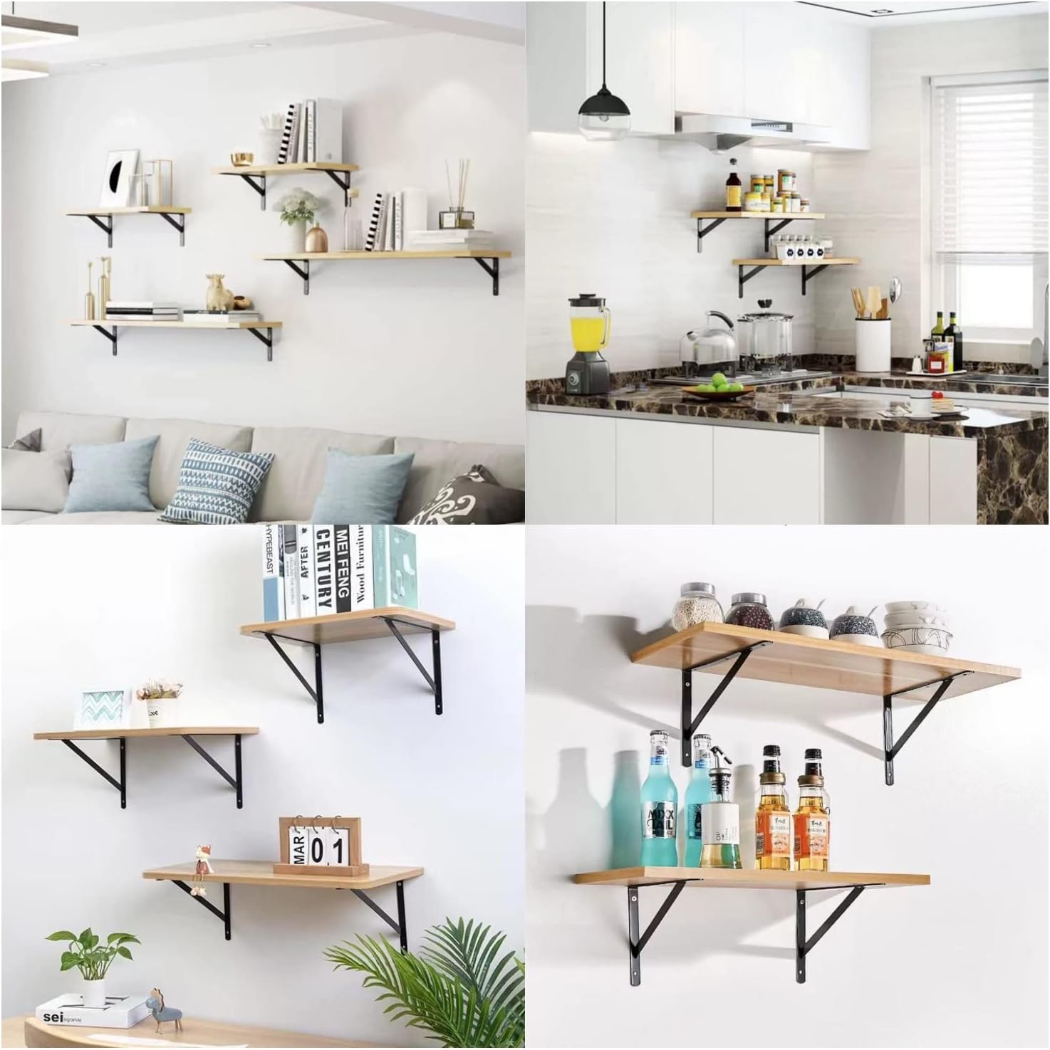 4 pcs Shelf Brackets Heavy Duty Triangle Shelving Brackets Right Angle Wall Mounted Shelf Supporters, Black 6 inch (4)