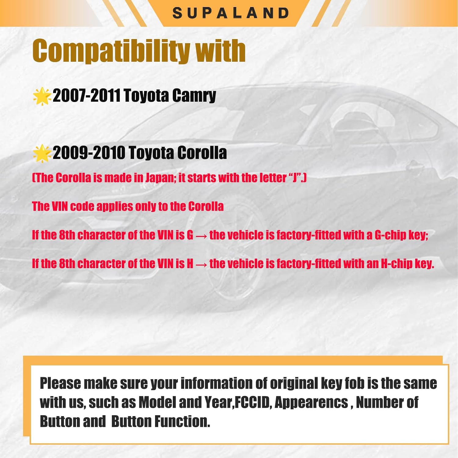 SUPALAND Key Fob Replacement Fits for 2007-2011 Toyota Camry / 2009-2010 Corolla Remote Control Keyless Entry Head Key FCC ID: HYQ12BBY,89070-06232, 4D67 (H) Chip, 4 Buttons