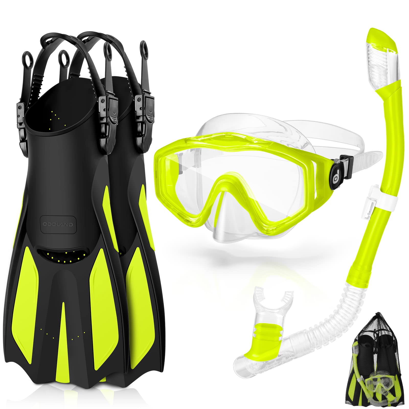 Odoland Snorkel Set, Adults & Kids Snorkeling Packages with Dry Top Diving Mask, Adjustable Swim Fins, Mesh Bag, Anti-Fog Anti-Leak Snorkeling Gear for Men Women